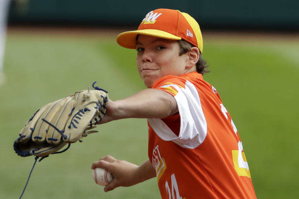 River Ridge, Louisiana's Egan Prather delivers in the second inning of the Little League World Series Championship game against Curacao in South Williamsport, Pa., Sunday, Aug. 25, 2019. (AP Photo/Gene J. Puskar)