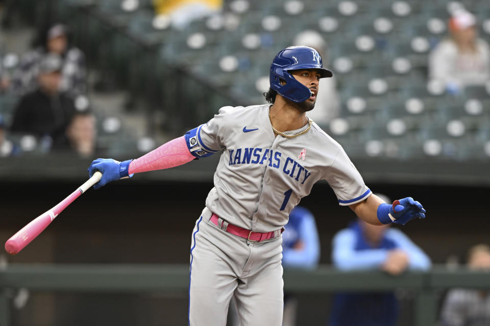 Kansas City Royals catcher MJ Melendez should be on the fantasy baseball pickups radar after Salvador Perez's injury. (AP Photo/Gail Burton)