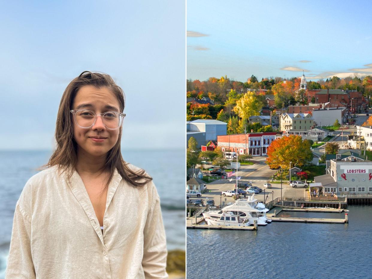 Two images. Left: The author stands in front of an ocean shore. Right: An aerial view of Belfast with fall trees behind buildings and boats on the shore behind the bay