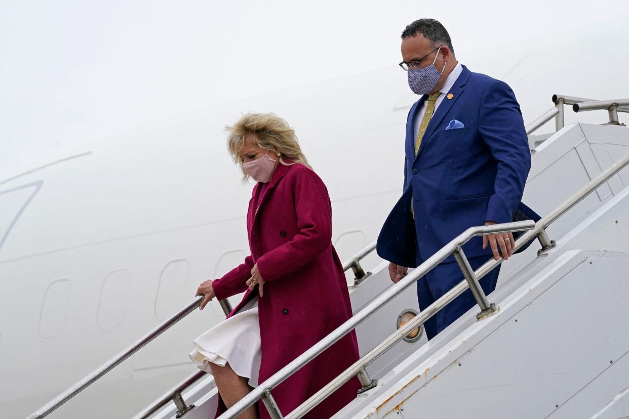 First lady Jill Biden and Education Secretary Miguel Cardona arrive at Quad Cities International Airport in Moline, Illinois, on April 19, 2021. Biden and Cardona will be touring the Sauk Valley Community College in Dixon.  (Photo: Susan Walsh/Getty Images)