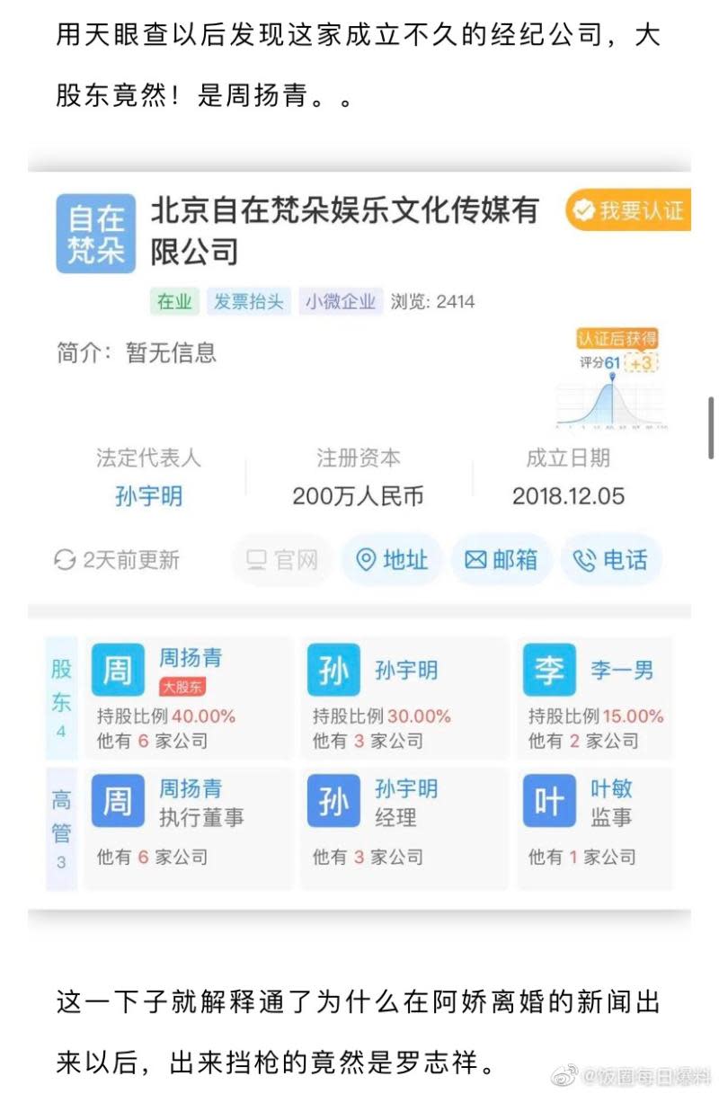 ▲賴弘國經紀公司背後最大股東是周揚青。（圖／飯圈每日爆料微博）