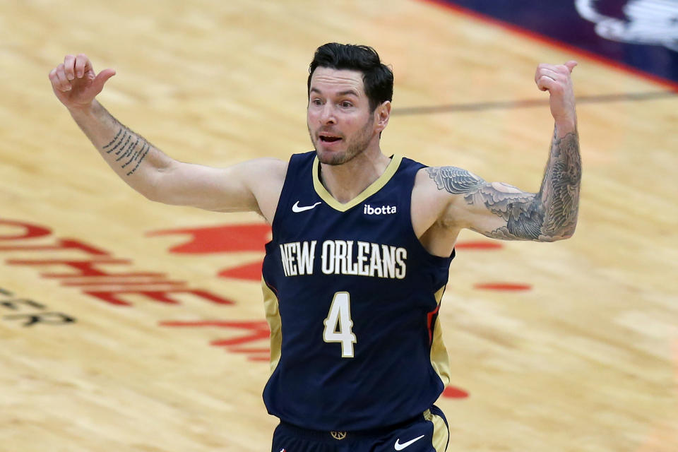 JJ Redick #4 of the New Orleans Pelicans reacts during the thrid quarter of an NBA game against the Phoenix Suns at Smoothie King Center on February 03, 2021 in New Orleans, Louisiana. NOTE TO USER: User expressly acknowledges and agrees that, by downloading and or using this photograph, User is consenting to the terms and conditions of the Getty Images License Agreement. (Photo by Sean Gardner/Getty Images) (Photo by Sean Gardner/Getty Images)