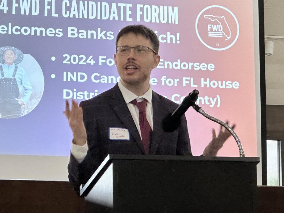 Nate Smolensky, state director for the Florida Forward Party, speaks at a gathering in Maitland on June 13, 2024.