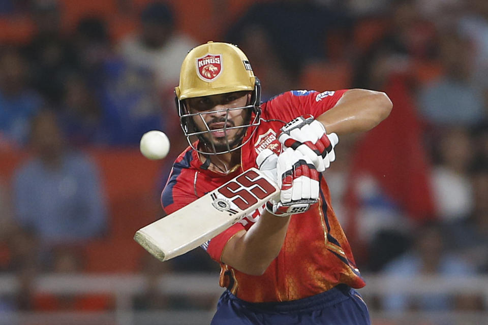 Punjab Kings' Ashutosh Sharma plays a shot during the Indian Premier League cricket match between Punjab Kings' and Mumbai Indians' in Mullanpur ,India, Thursday, April 18, 2024.(AP Photo/ Surjeet Yadav))