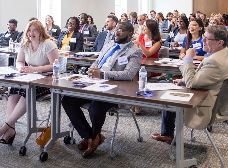 Shown attending the recent College Civic Engagement Luncheon in Nashville, Tenn., Middle Tennessee State University’s (front row, from left) Election Commissioner Caroline Spann, SGA President Michai Mosby and Danny Kelley, MTSU assistant vice president in the Division of Student Affairs and SGA advisor, join other student government leaders in laughing at a remark shared by Tennessee Secretary of State Tre Hargett, the host for the annual event promoting voter registration.