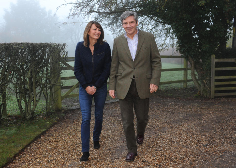 BERKSHIRE, UNITED KINGDOM - NOVEMBER 16:  Parents of Kate Middleton, Michael and Carole Middleton, make a statement following the engagement of their daughter to Prince William, outside their home near the  village of Bucklebury on November 16, 2010 in Berkshire, United Kingdom. Prince William, who is second in line to the throne following his father Prince Charles, has been in a relationship with Ms Middleton for the past 8 years. They were engaged in October whilst on a private holiday in Kenya and are due to marry in London in the spring or summer of 2011. (Photo by Stefan Rousseau - WPA Pool/Getty Images)