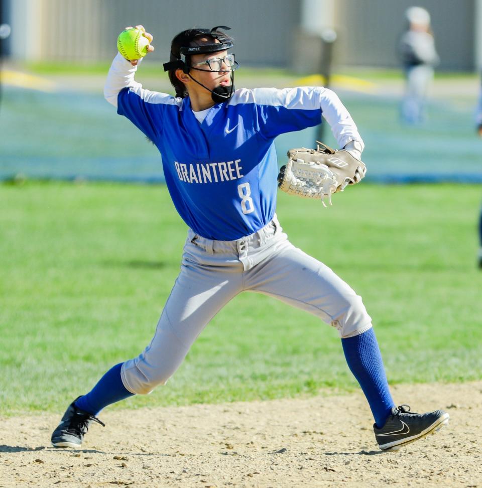 Braintree's Catherine McPhee throws out a runner during a game against Milton on Monday, May 9, 2022.