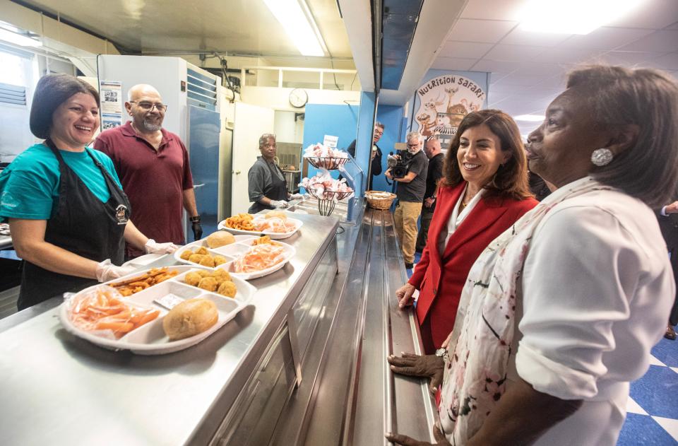 New York State Governor Kathy Hochul and State Senate Majority LeaderAndrea Stewart-Cousins greet cafeteria workers at the Washington Irving Middle School in Tarrytown during the first day of school Sept. 5, 2023.