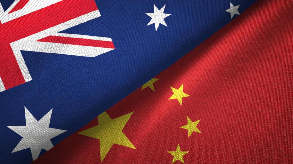 China and Australia two flags together realations textile cloth fabric texture