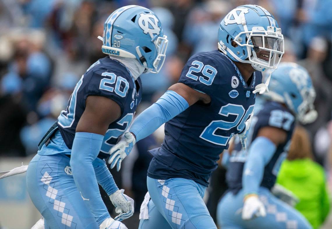 North Carolina’s Storm Duck (29) reacts after breaking up a pass intended for Wake Forest’s A.T. Perry (9) on fourth down, turning the ball over to North Carolina and securing their victory on Saturday, November 6, 2021 at Kenan Stadium in Chapel Hill, N.C. Robert Willett/rwillett@newsobserver.com