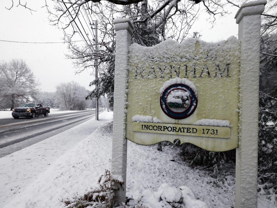 North Main Street in Raynham is blanketed in snow during a nor'easter on Tuesday morning, Feb. 13, 2024.