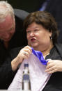 Belgian Health Minister Maggie De Block folds a scarf during an extraordinary meeting of EU health ministers in Brussels to discuss the Covid-19 virus outbreak, Friday, March 6, 2020. Fearing a possible shortage in medicine and protective masks, health ministers from the European Union are trying to boost their collective response to the novel coronavirus outbreak during an emergency meeting. (AP Photo/Virginia Mayo)