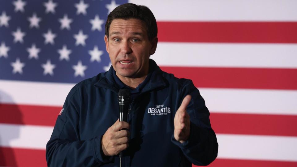 PHOTO: Republican presidential candidate Florida Governor Ron DeSantis speaks to guests during a campaign rally at the Thunderdome, Dec. 2, 2023, in Newton, Iowa. (Scott Olson/Getty Images)