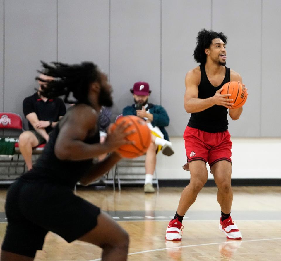 Aug 1, 2022; Columbus, OH, USA; Ohio State's Justice Sueing shoots the ball during practice before the teams upcoming trip to the Bahamas at Schottenstein Center in Columbus, Ohio on August 1, 2022. 