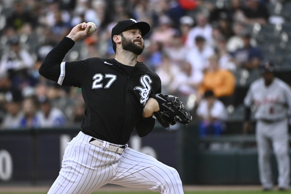 Chicago White Sox starting pitcher Lucas Giolito delivers to a Detroit Tigers batter during the first inning of a baseball game Saturday, Aug. 13, 2022, in Chicago. (AP Photo/Matt Marton)