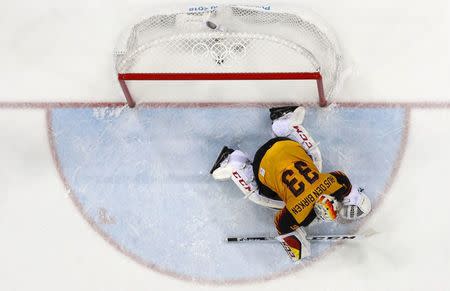 Ice Hockey - Pyeongchang 2018 Winter Olympics - Men's Final Match - Olympic Athletes from Russia v Germany - Gangneung Hockey Centre, Gangneung, South Korea - February 25, 2018 - Goalie Danny aus den Birken of Germany reacts after the winning goal by Olympic Athletes from Russia. REUTERS/Brian Snyder