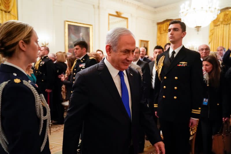 U.S. President Trump and Israel's Prime Mininister Netanyahu deliver remarks on Middle East peace plan proposal at the White House in Washington 