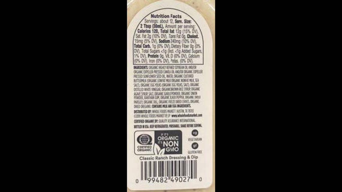 The erroneous rear label that caused the recall of the dressing. FDA