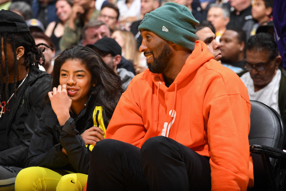 Kobe Bryant and Gianna Bryant attend the game between the Los Angeles Lakers and the Dallas Mavericks on December 29, 2019 at STAPLES Center in Los Angeles, California. (Photo by Andrew D. Bernstein/NBAE via Getty Images)