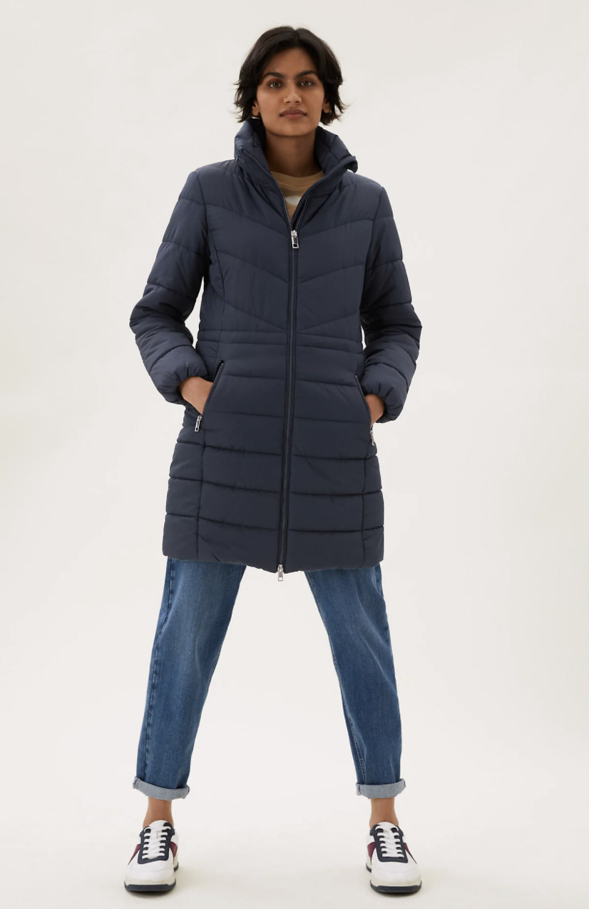 The Thermowarmth Puffer Coat comes in navy blue and camel shades.  (Marks and Spencer)