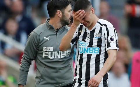 Newcastle United's Miguel Almiron reacts while being substituted after sustaining an injury - Credit: REUTERS