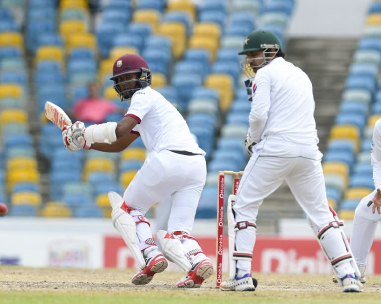 Kraigg Brathwaite (L) of West Indies hits against Pakistan on May 3, 2017