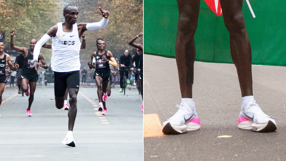 Eliud Kipchoge, pictured here using the controversial Nike shoes.