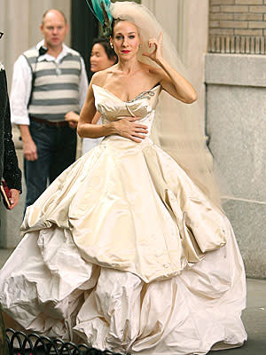 Should Kate choose Carrie Bradshaw's designer? Though her aesthetic is offbeat and dramatic (like this gown, worn by Sarah Jessica Parker in the first 'Sex and the City' movie), Brit designer Vivienne Westwood is considered a serious contender