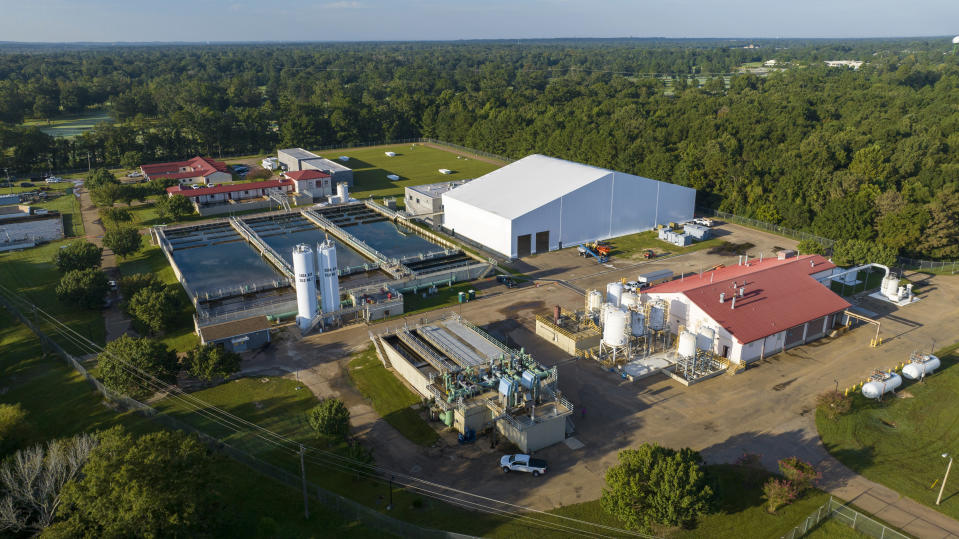 This is an aerial view of of the City of Jackson's O.B. Curtis Water Plant in Ridgeland, Miss., Thursday, Sept. 1, 2022. A recent flood worsened Jackson's longstanding water system problems. (AP Photo/Steve Helber)