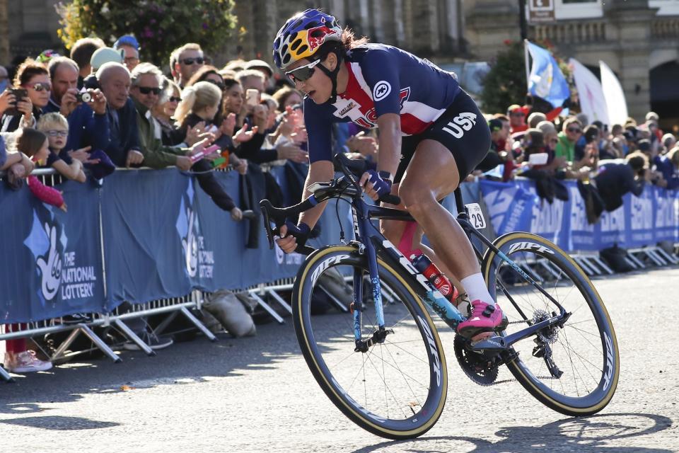 FILE - United States' Chloe Dygert pedals during the women elite race at the road cycling World Championships in Harrogate, England, in this Saturday, Sept. 28, 2019, file photo. The men's and women's road races kick off the cycling program at every Summer Olympics. “Everybody in the world is trying to figure out how to beat the Dutch girls,” said Jim Miller, the high performance director for USA Cycling. (AP Photo/Manu Fernandez, File)