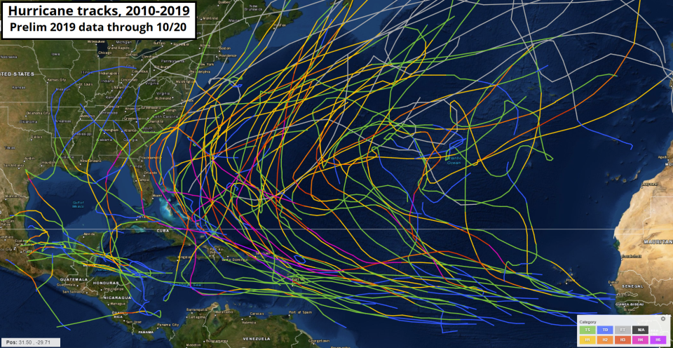 This is what you get when you plot all 72 Atlantic hurricane tracks of the 2010s together.