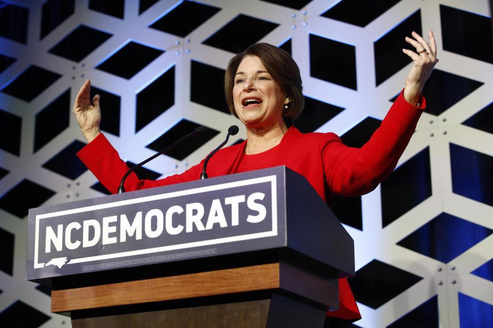 Democratic presidential candidate Sen. Amy Klobuchar, D-Minn., speaks at the North Carolina Democratic Party's Blue NC Celebration, Saturday, Feb. 29, 2020, in Charlotte, N.C. (AP Photo/Patrick Semansky)