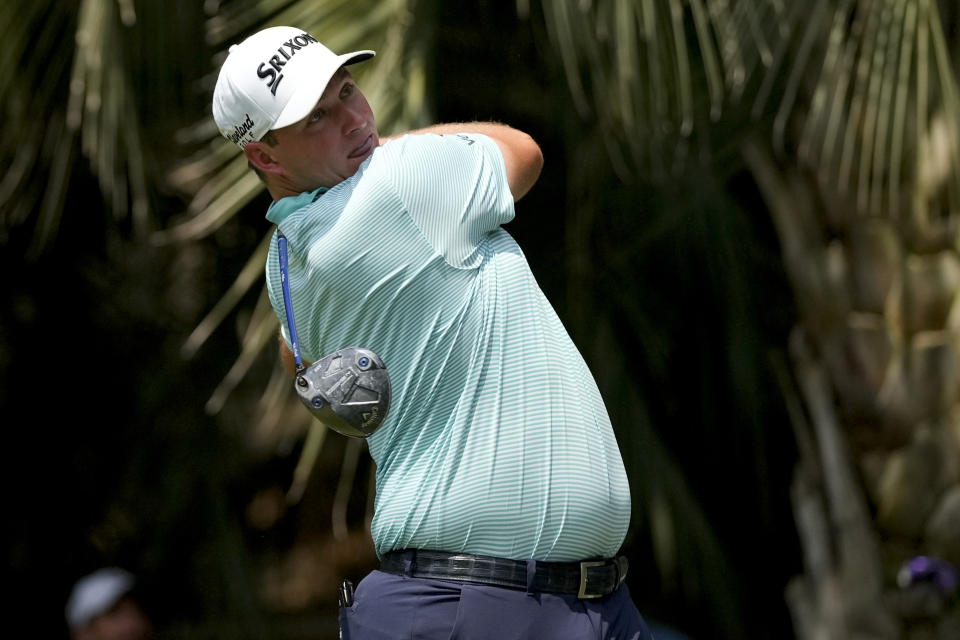 Sepp Straka, of Austria, watches his tee shot on the second hole during the third round of the RBC Heritage golf tournament, Saturday, April 20, 2024, in Hilton Head Island, S.C. (AP Photo/Chris Carlson)