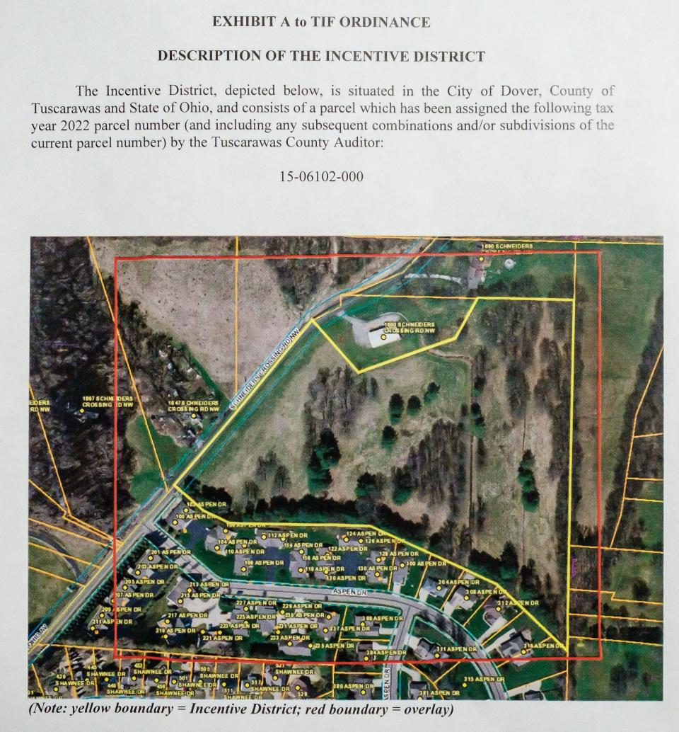 A copy of the tax increment financing ordinance depicting the incentive district was distributed during a public hearing on plans to create the TIF to pay for infrastructure at a proposed housing development, Monday, July 18, in city council chambers.