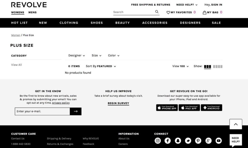 La sección de tallas grandes de Revolve está vacía (Créditos: Revolve).