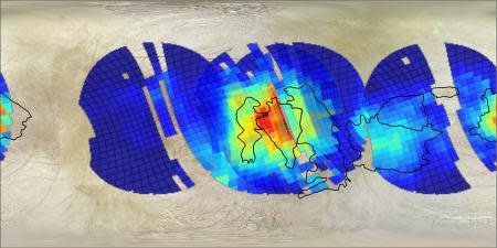 A map of Europa shows a few large areas with large concentrations of what are thought to be salts.