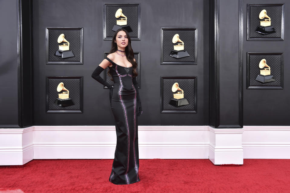 Olivia Rodrigo arrives at the 64th Annual Grammy Awards at the MGM Grand Garden Arena on Sunday, April 3, 2022, in Las Vegas. (Photo by Jordan Strauss/Invision/AP)