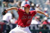 Los Angeles Angels starting pitcher Tucker Davidson throws to a Minnesota Twins batter during the fourth inning of a baseball game Sunday, Aug. 14, 2022, in Anaheim, Calif. (AP Photo/Marcio Jose Sanchez)