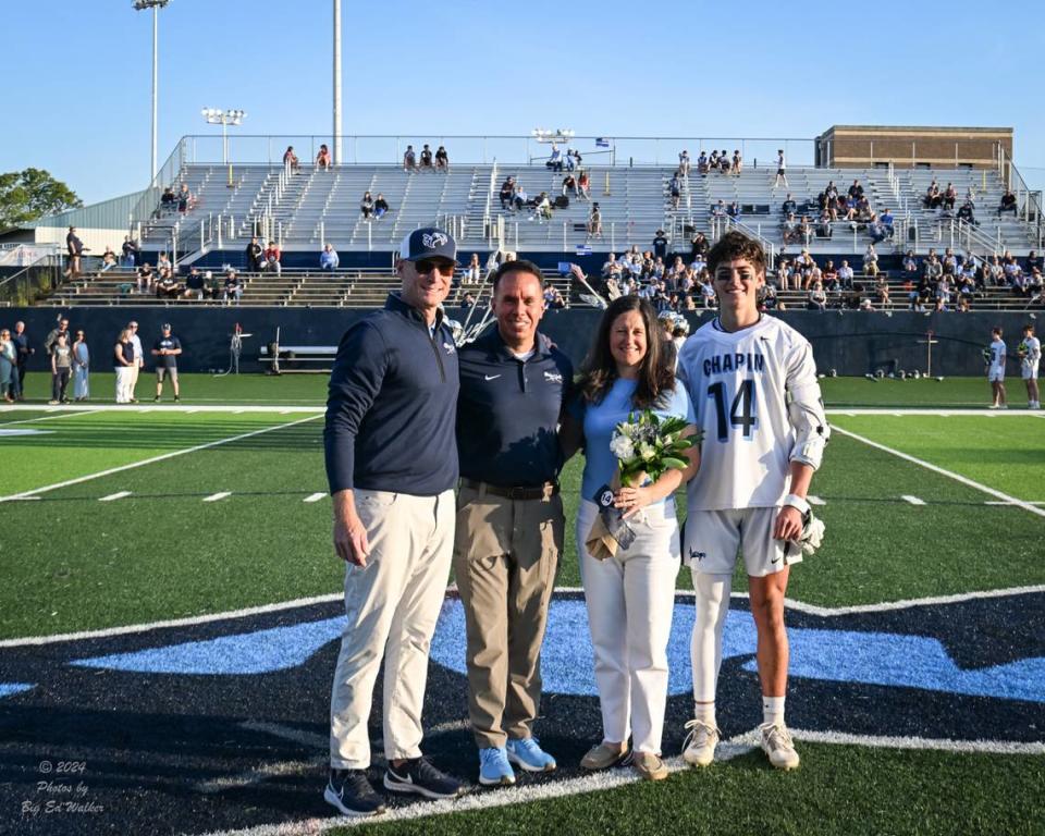 Owen Salazar gets recognized at senior night last month. Salazar was named The State’s 2024 Boys Lacrosse Player of the Year.