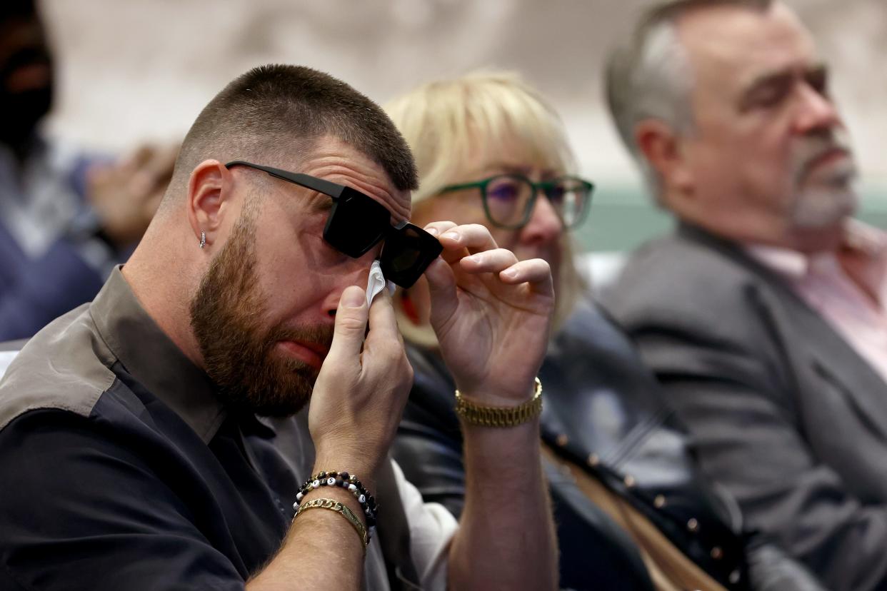 PHILADELPHIA, PENNSYLVANIA - MARCH 04: Travis Kelce #87 of the Kansas City Chiefs reacts during his brother, Jason's, retirement from the NFL at NovaCare Complex on March 04, 2024 in Philadelphia, Pennsylvania. (Photo by Tim Nwachukwu/Getty Images)