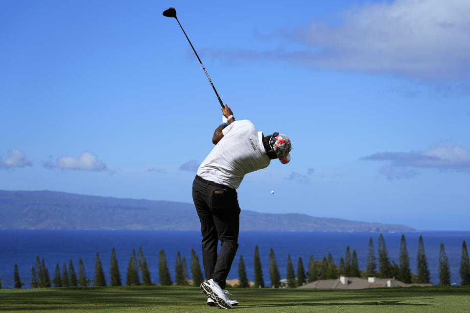 Sahith Theegala hits from the 18th tee during the final round of The Sentry golf event, Sunday, Jan. 7, 2024, at Kapalua Plantation Course in Kapalua, Hawaii. (AP Photo/Matt York)