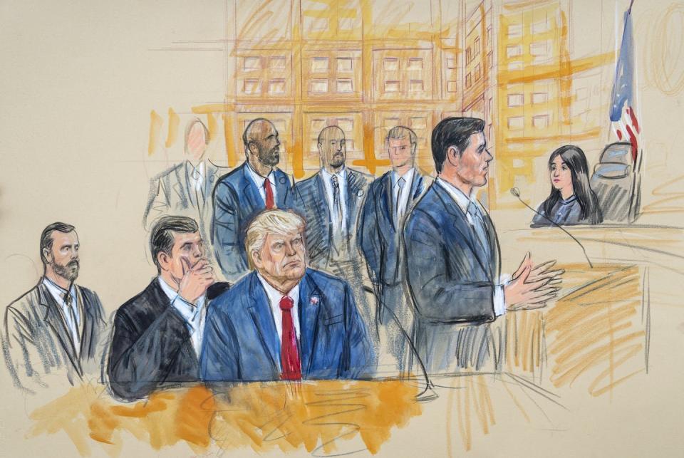 An artist’s sketch depicting former President Donald Trump, center, conferring with his defense lawyer during his appearance at a federal courthouse in Washington on Aug. 3, 2023, as Special Counsel Jack Smith sits at far left. <a href="https://newsroom.ap.org/detail/APTOPIXTrumpIndictmentCapitolRiot/efdc98072ad24543a6432de342a4a1be/photo?Query=Trump%20court%20appearance&mediaType=photo&sortBy=creationdatetime:desc&dateRange=now-30d&totalCount=17&currentItemNo=1" rel="nofollow noopener" target="_blank" data-ylk="slk:Dana Verkouteren via AP;elm:context_link;itc:0;sec:content-canvas" class="link ">Dana Verkouteren via AP</a>