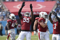 Arizona Cardinals linebacker Chandler Jones (55) celebrates after sacking Tennessee Titans quarterback Ryan Tannehill in the second half of an NFL football game Sunday, Sept. 12, 2021, in Nashville, Tenn. (AP Photo/Mark Zaleski)