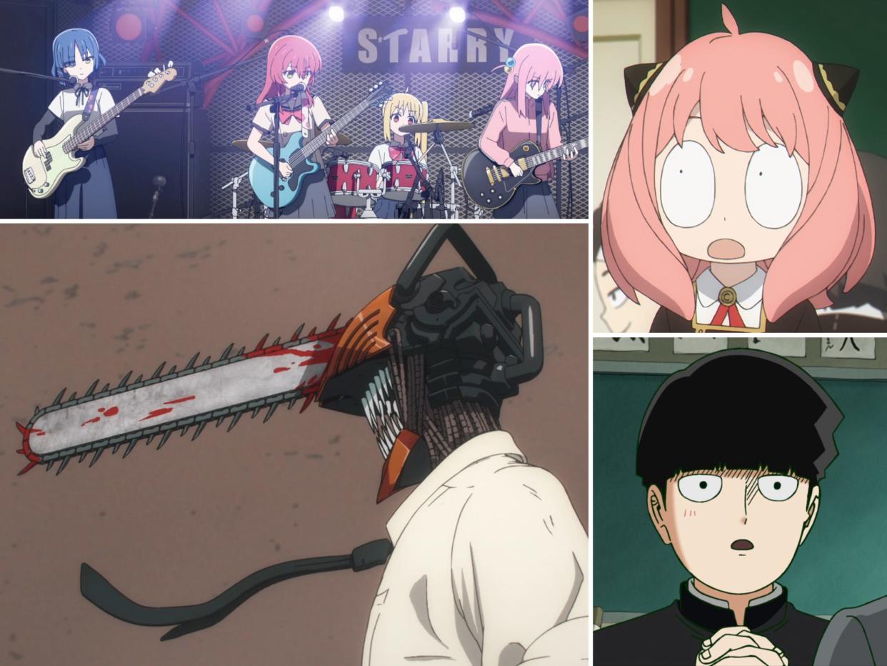 a composite of four images, all anime stills: the top shows a group of four girls with brightly colored hair playing in a rockband; the top right shows a young girl with pink hair with a shocked expression on her face and comically blank eyes, the bottom right shows a young man with black hair in a bow cut with a slightly surprised expression on his face and blushing cheeks, and the bottom left shows a man in a white shirt and tie with a chainsaw for a head, blades spinning with blood and a grotesque mouth open with sharp teeth