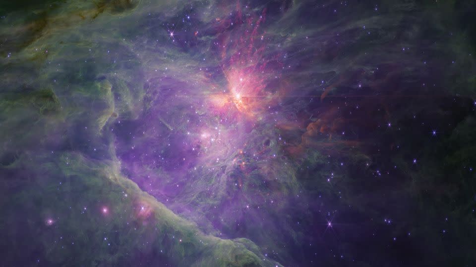 This Webb image shows the full survey of the inner Orion Nebula and Trapezium Cluster, captured in long wavelengths of light. - NASA/ESA/CSA