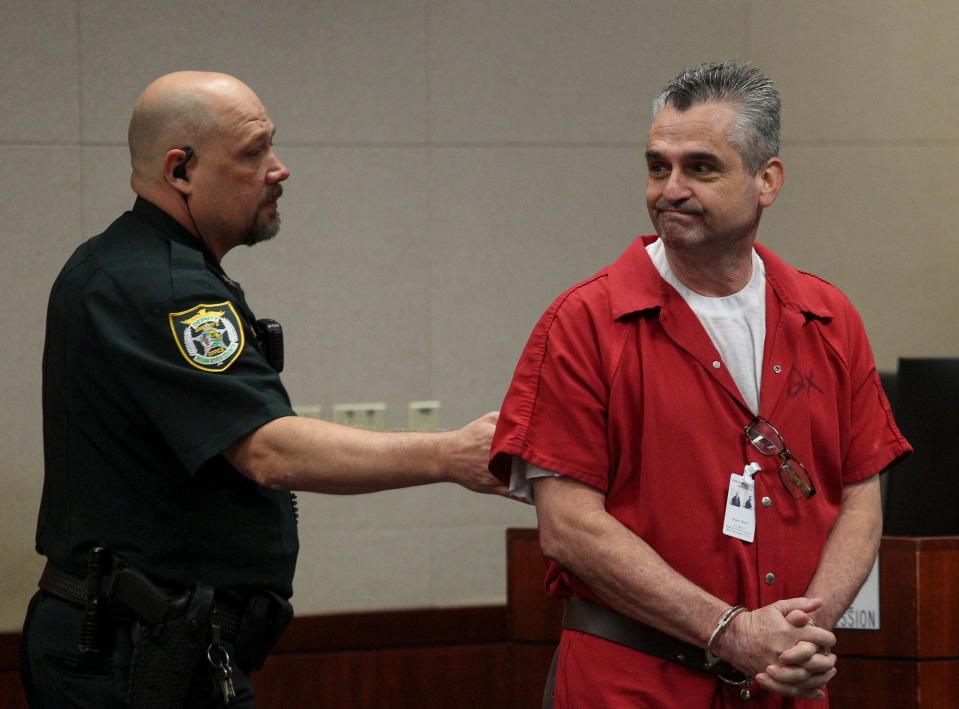 Michael Despres, 58, of Sebastian, appears before Charles “Tony” Schwab, the chief judge of the 19th Judicial Circuit on Monday, April 24, 2023, during sentencing for the 2021 murder of his fiancée, Jeanine Bishop. Despres pleaded no contest to first degree murder with a weapon. 