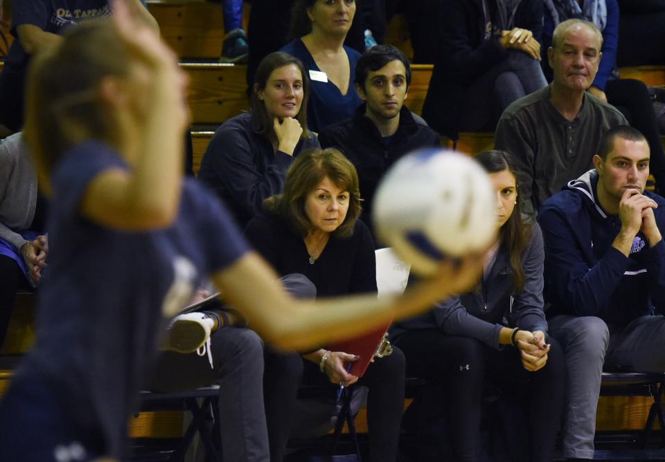Head Coach Maria Nolan of IHA watches from the sideline as her team plays against Old Tappan in the first set during the 44th Bergen County girls volleyball tournament at NV/Old Tappan High School on 10/28/18. IHA won the championship 25 - 19, 25 -23. 