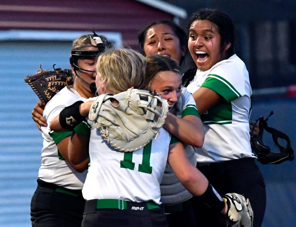 The Hamlin Lady Pipers celebrate their softball win over the Miles Lady Bulldogs Friday at Cooper High School May 6, 2022.