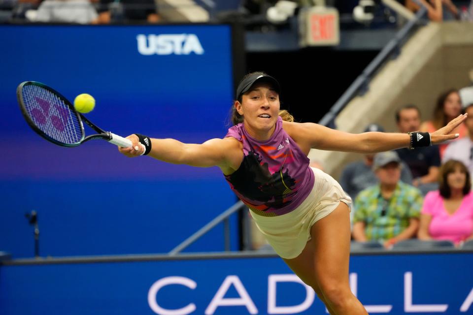 Sept. 5: American Jessica Pegula, the No. 8 seed, stretches to hit a forehand during her straight-set win over No. 21 Petra Kvitova in the fourth round.