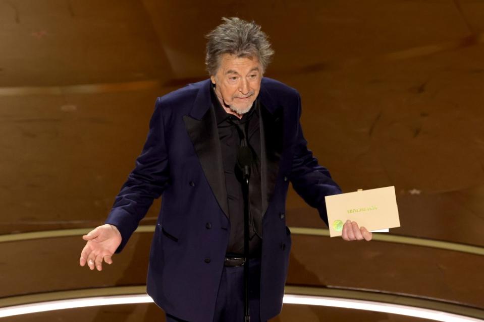 “Ten wonderful films were nominated, but only one will take the award for Best Picture — and I have to go to the envelope for that,” Pacino stated as he fumbled with the envelope eliciting laughs from the star-studded crowd before adding “My eyes see ‘Oppenheimer!’ ” Kevin Winter/Getty Images